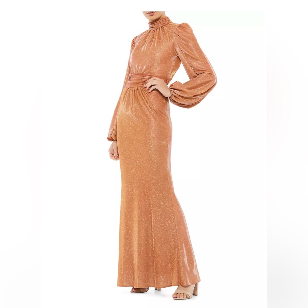 MAC DUGGAL DRAPED GLITTER FABRIC HIGH NECK PUFF SLEEVE TRUMPET GOWN